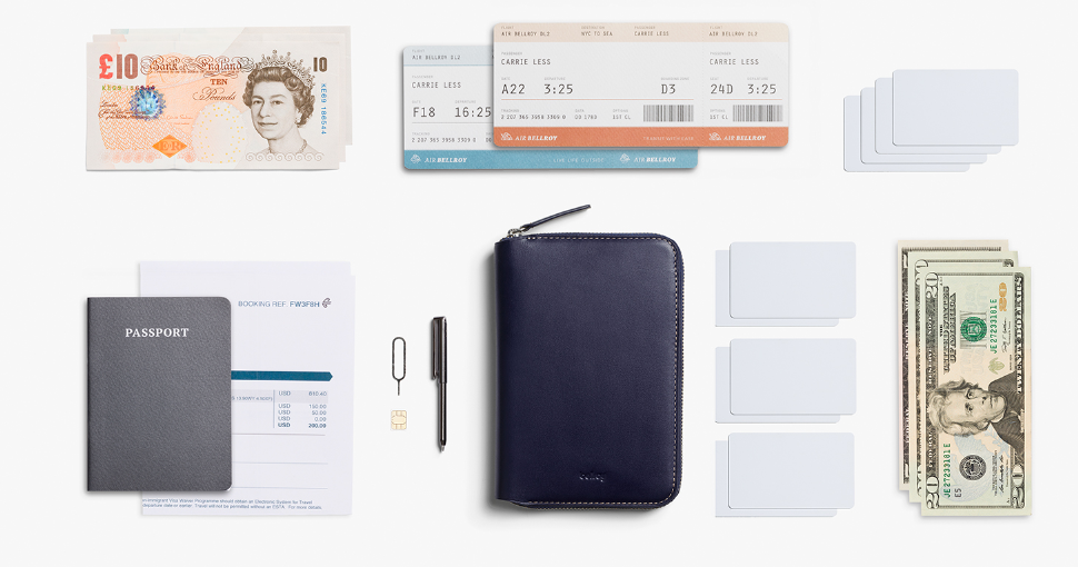 ベルロイ　トラベルフォリオ ネイビーの正面画像と収納物のサンプルとして紙幣、航空チケット、パスポート、カード類、書類を並べた様子