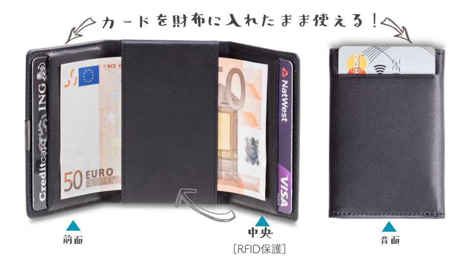 ダンフォルド（DUN FOLD）の３箇所のポケットにカードを1枚ずつ、キャッシュストラップに紙幣を収納