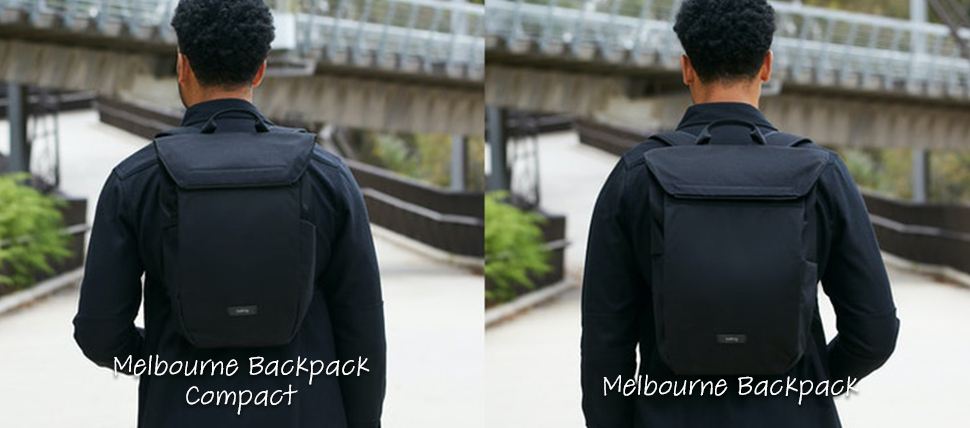 男性がメルボルンバックパックコンパクトとメルボルンバックパックをそれぞれ背負った比較イメージ