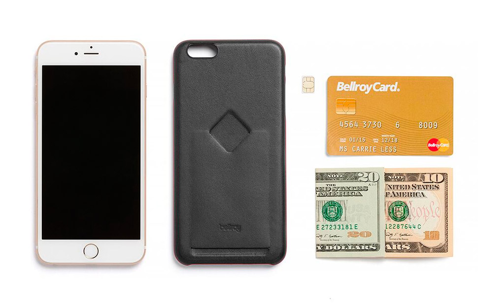 Bellroy Phone Case 1 Card for iPhone8/7/6s/6/6sPlus/6Plusの正面画像と収納サンプルとしてMicroSIM、紙幣2枚、カード1枚を並べた画像