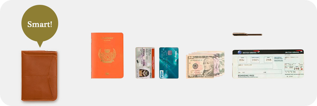 パスポートスリーブウォレットタンの正面画像と収納できる貴重品の参考としてパスポート、カード類2枚、二つに折り畳んだ紙幣5枚、マイクロペン、航空チケットを並べたイメージ