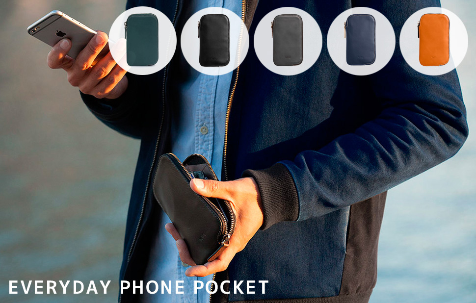 Bellroy Everyday Phone Pocket（ベルロイ エブリデイフォンポケット）から男性がiPhoneを取り出している様子と商品カラーバリエーションのサムネイル画像。左からティール、ブラック、チャコール、ブルースティール、キャラメル