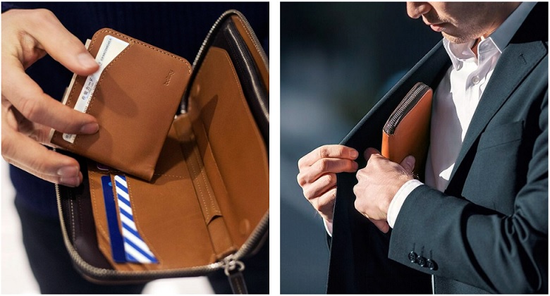 画像左：男性が長財布からマグネット着脱式の薄型二つ折り財布を取り外している様子。右：男性がスーツの胸ポケットに長財布をしまっているイメージ。