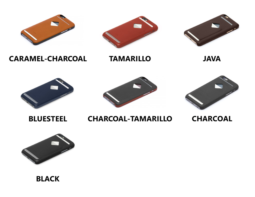 フォンケース3カードスライドのカラーバリエーション一覧。左上からキャラメルチャコール、タマリロ、ジャワ、二段目左からブルースティール、チャコールタマリロ、チャコール、下段ブラック