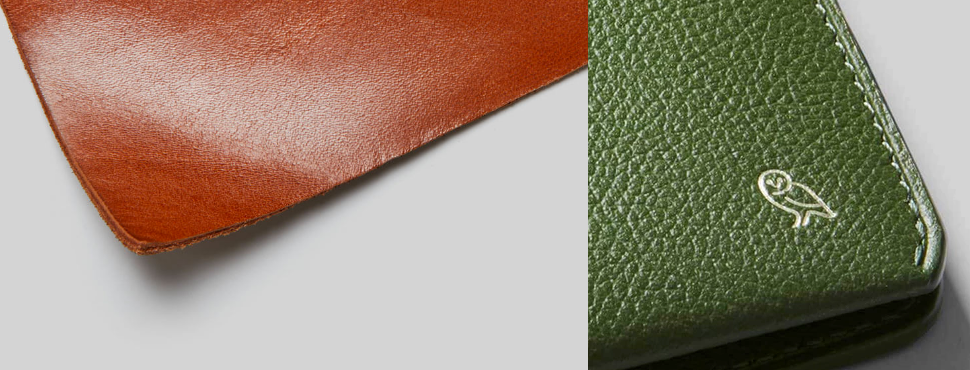 ベルロイデザイナーエディションに使用している皮革と、Bellroy Note Sleeve Wallet Designers Edition Forestのメタリックロゴズーム画像
