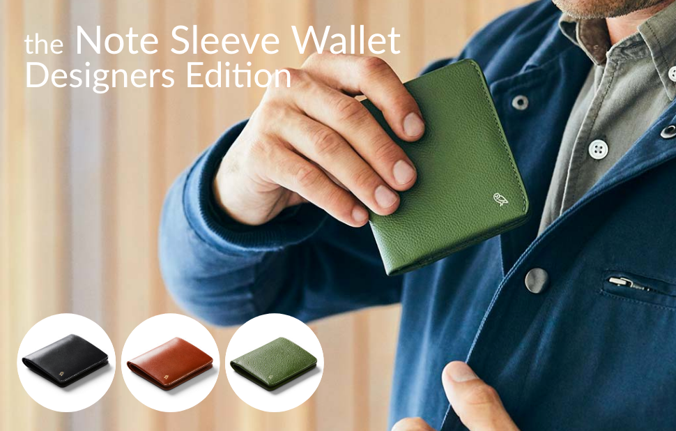 Bellroy Note Sleeve Wallet Designers Edition Forestを胸ポケットから取り出す男性の写真と左からブラック、バーントシエナ、フォレストの商品サムネイル画像。