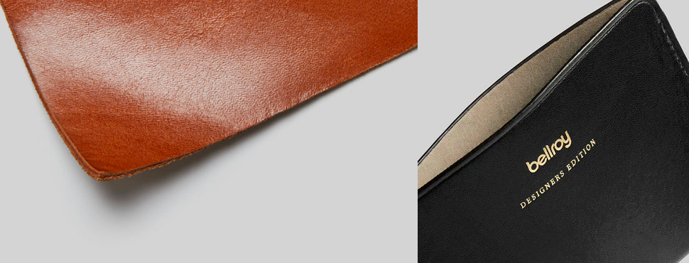 デザイナーエディションに使用している皮革とBellroy Card Slip Designers Edition Blackのメタリックエンボスロゴのズーム画像