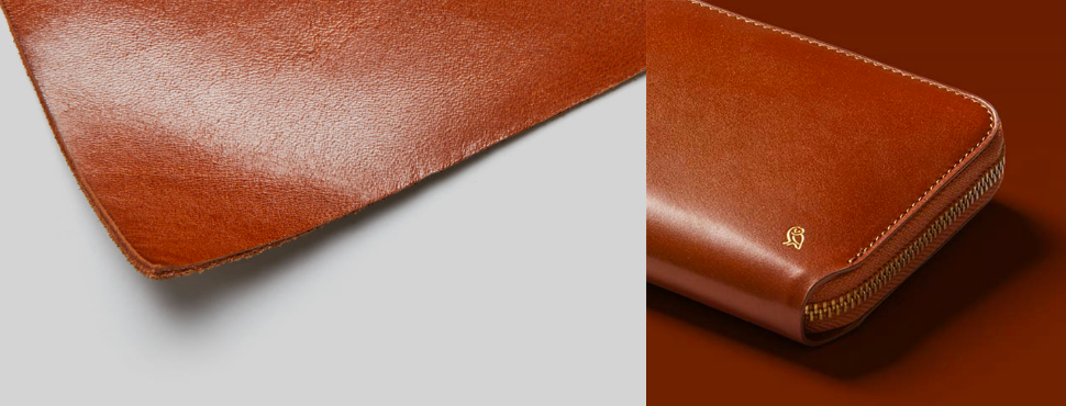 Bellroy Folio Wallet Designers Edition BurntSiennaの皮革と、メタリックのベルロイエンボスロゴのズーム画像