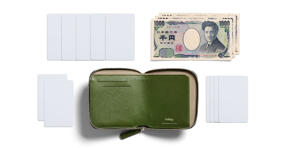 Bellroy Zip Wallet Designers Edition Forestの展開画像と収納物の例としてカードと紙幣を並べた様子。