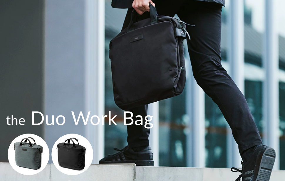 Bellroy Duo Work Bag Blackをビジネスバッグスタイルで左手に持つ男性とMoss Grey、Blackの商品サムネイル画像。