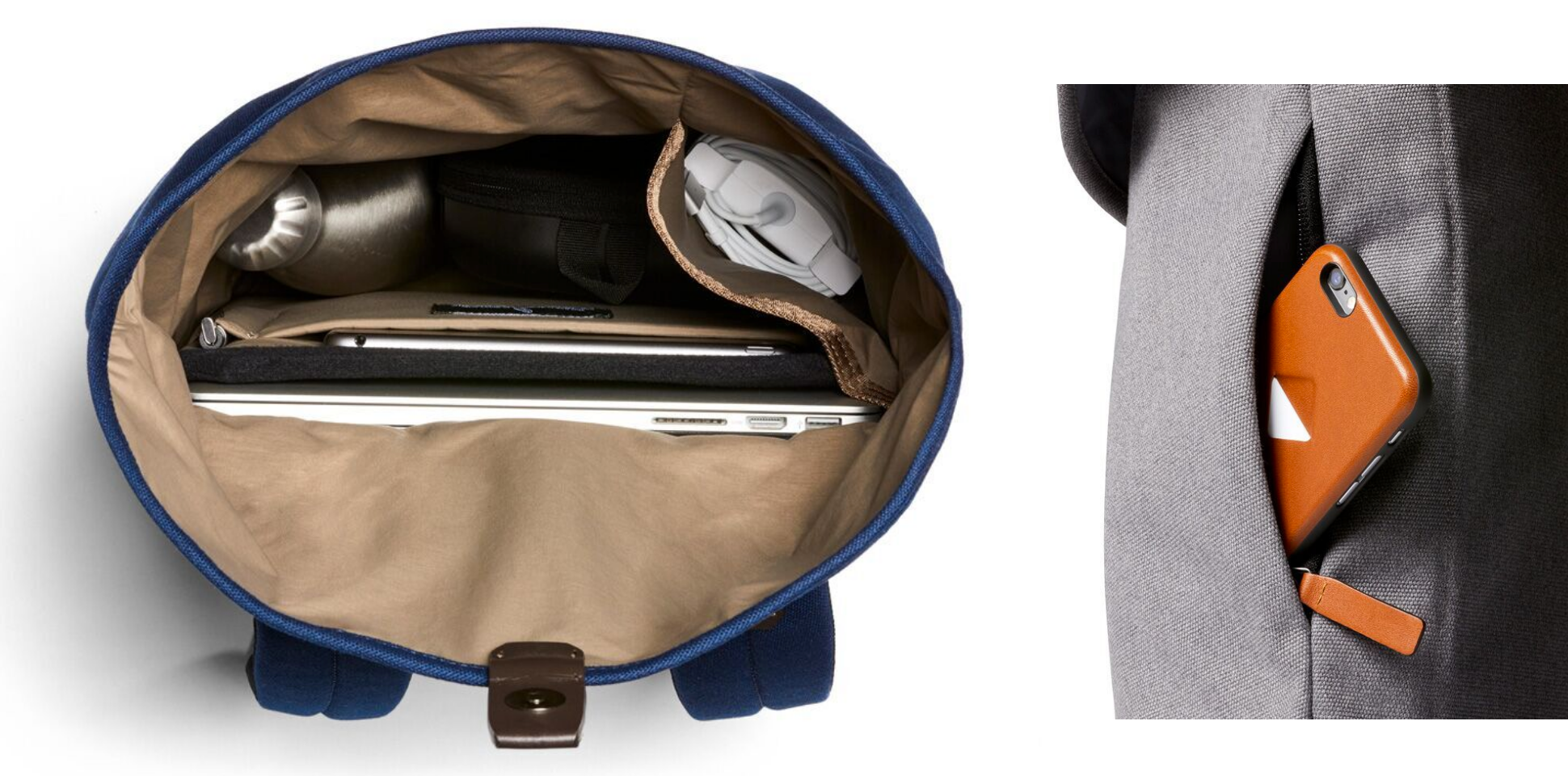 Macbook、iPad、水筒、タオル、充電ケーブルを収納したBellroy Slim Backpack Navyを上部から撮影した画像と、iPhoneの入るサイドポケットの画像