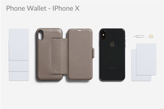 Bellroy Phone Wallet iX STONEの見開き画像と収納できる貴重品の見本としてクレジットカード類5枚、折り畳んだ紙幣1枚、Micro SIMカード、SIMピンを並べたイメージ。
