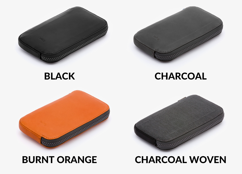 All Conditions Phone Pocketのカラーバリエーション一覧。左上からブラック、チャコール、下段左からバーントオレンジ、チャコールウーブン
