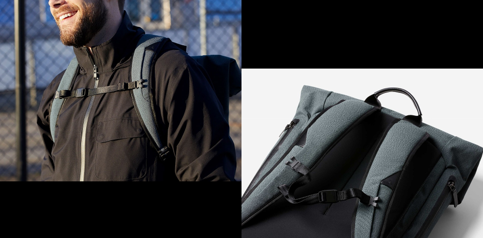 左：Bellroy Shift Backpack Mossgreyのチェストストラップを装着した男性の画像・右：Bellroy Shift Backpack Mossgreyのチェストストラップの画像