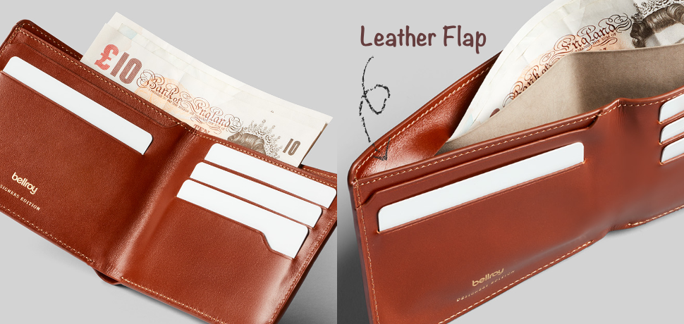 ベルロイハイドアンドシーク・デザイナーズエディション・バーントシエナの札入れとレザーフラップ付きの隠しポケットに紙幣を収納