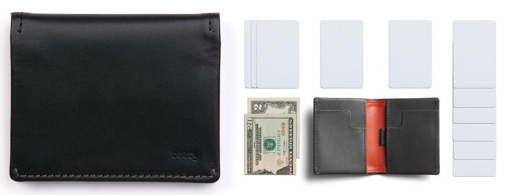 左：スリムスリーブウォレットブラックの正面画像　右：財布の見開き画像の周りにカード類11枚と二つ折りにした紙幣3枚を並べた写真