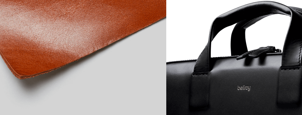 ベルロイ　デザイナーズエディションで使用されている皮革の画像とベルロイ ラップトップブリーフ　ブラックのロゴ部分のアップ画像