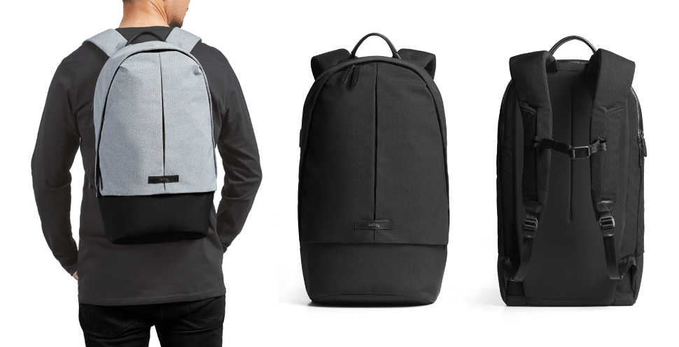 左：Bellroy Classic Backpack Plus InkBlueを背負う男性。右：Bellroy Classic Backpack Plus Blackをの前面と背面