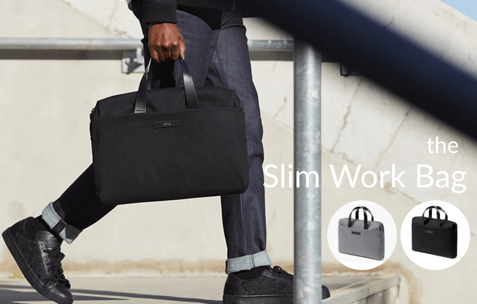 Bellroy Slim Work Bagを持って歩く男性の写真と、左からBellroy Slim Work Bag Mid GrayとBlackのサムネイル画像。