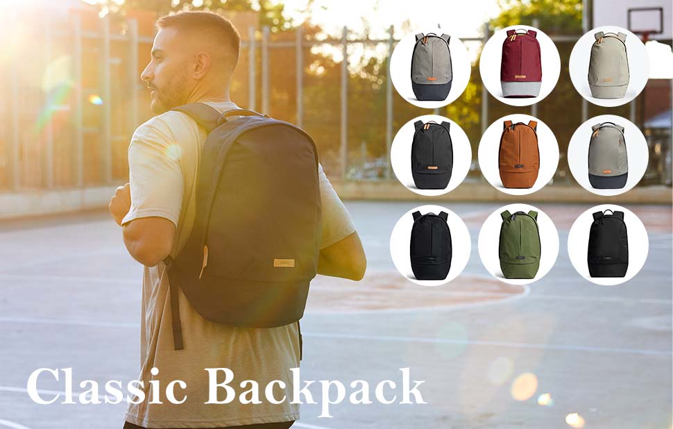 Bellroy Classic Backpackを背負っている男性の写真と、右上から順にクラシックバックパックルナー、ライムストーン、ブラック、クラシックバックパックプラスネオンカベルネ、ブロンズ、レンジャーグリーン、ライムストーン、チャコール、ブラックの商品サムネイル画像。