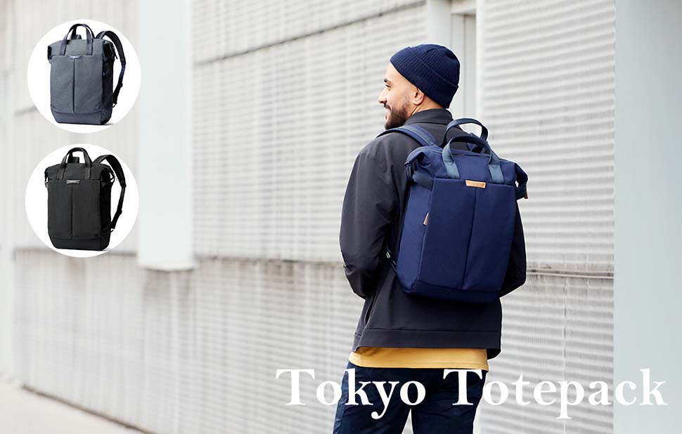 Bellroy Tokyo Totepack Inkblueを背負う男性の写真とCompact Basalt Midnightの商品サムネイル画像。