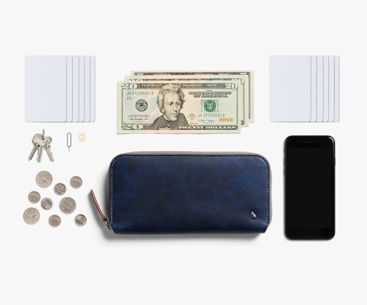 フォリオ と紙幣・カード・小銭・スマートフォンを並べた様子
